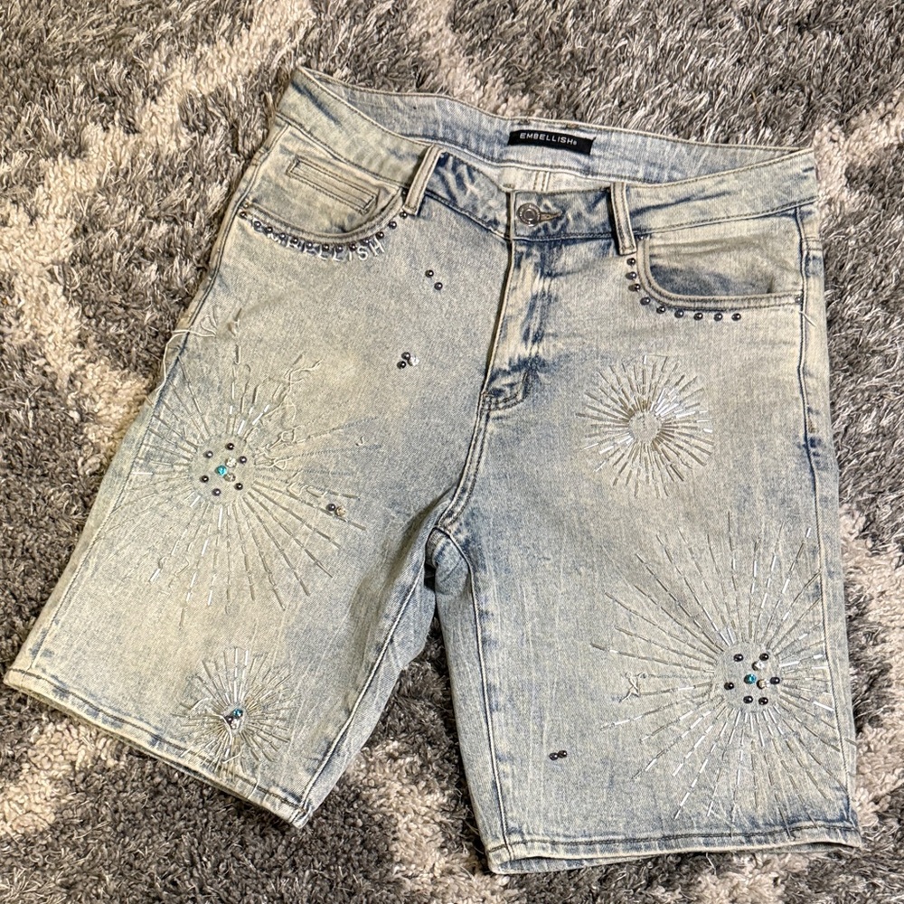 Crystal Embellished Light Blue Jean Shorts